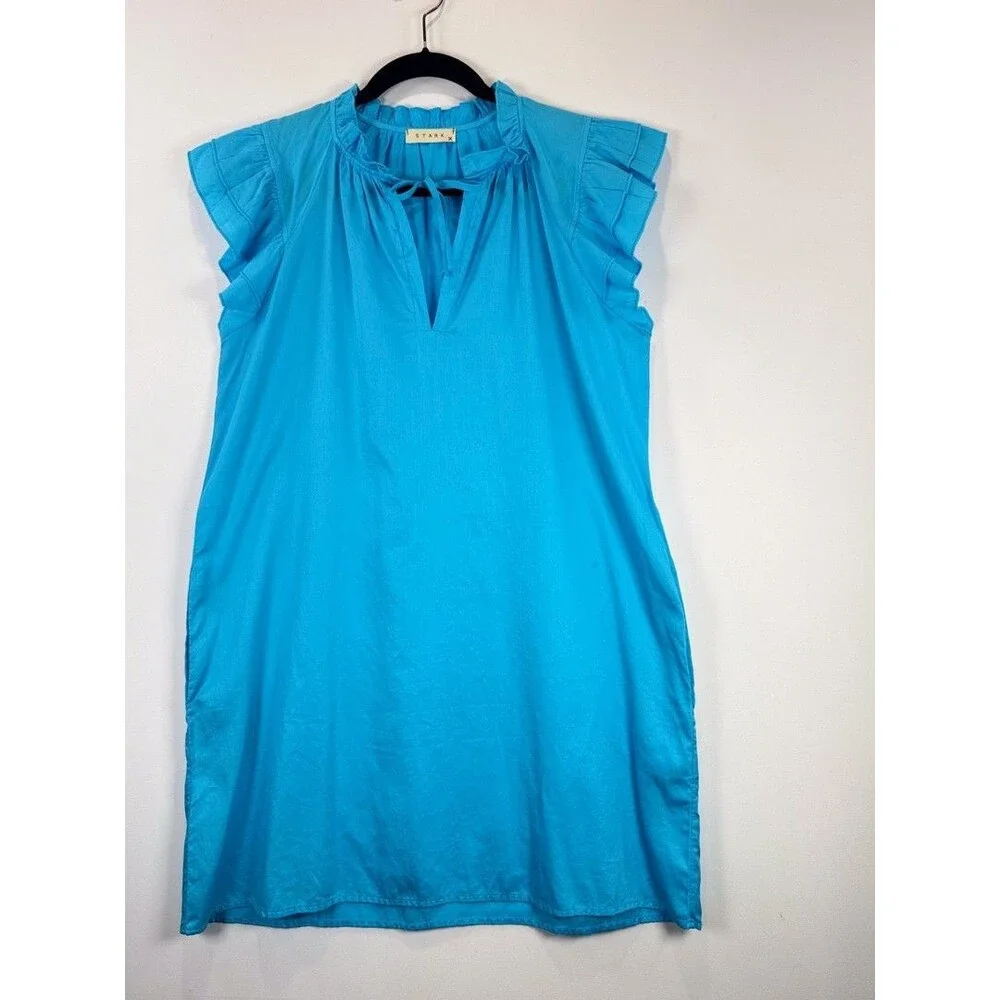 Stark X Mini Dress Blue Dreamy Tunic Flutter Sleeve Shift Split Neck Relaxed XS